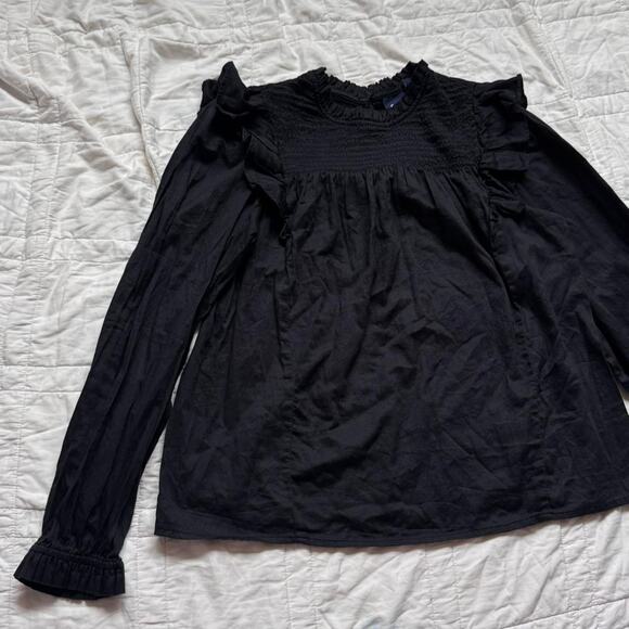gap womens ruffle neck smocked pleated top sz S black boxy victorian romantic - Picture 2 of 8